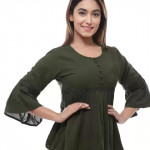 Casual Cutout Solid Women Green Top