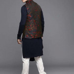 Men Navy Blue & White Self Design Pleated Kurta with Churidar & Nehru acket