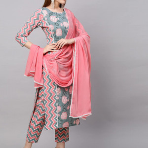 Women's Cotton Blend Printed Straight Kurta with Pant & Dupatta