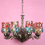 Red & Blue Mosaic Design Glass 8 Shades Chandelier