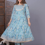 Women's Cotton Printed Anarkali Kurta with Palazzo & Dupatta Set with Handwork 1